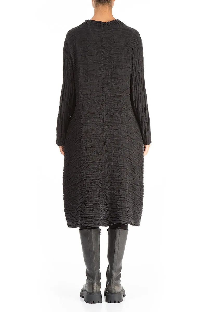 Gathered Neck Black Circle Silk Linen Dress