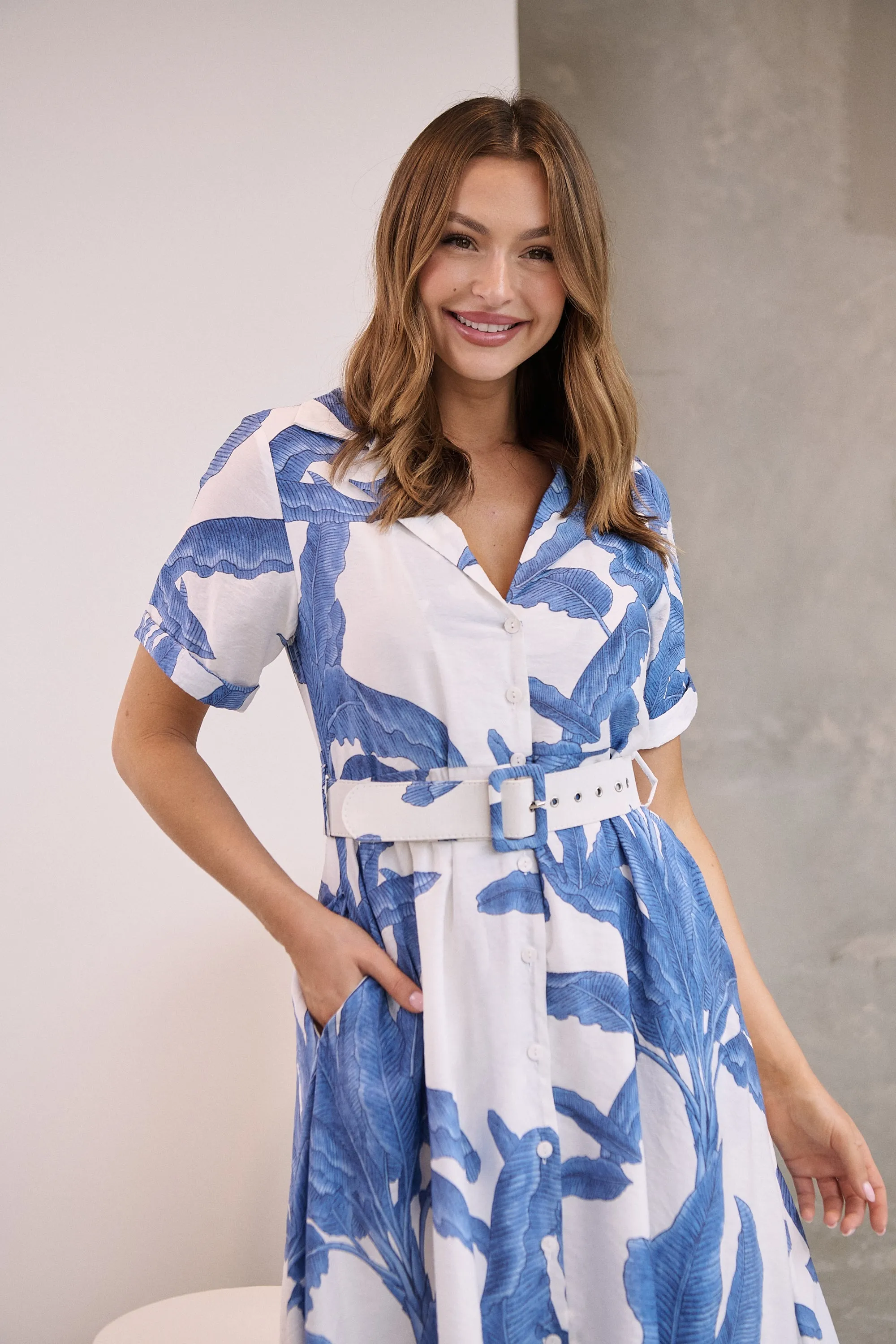 Gianna Leaf Blue/White Palm Print Button Front Belted Midi Dress