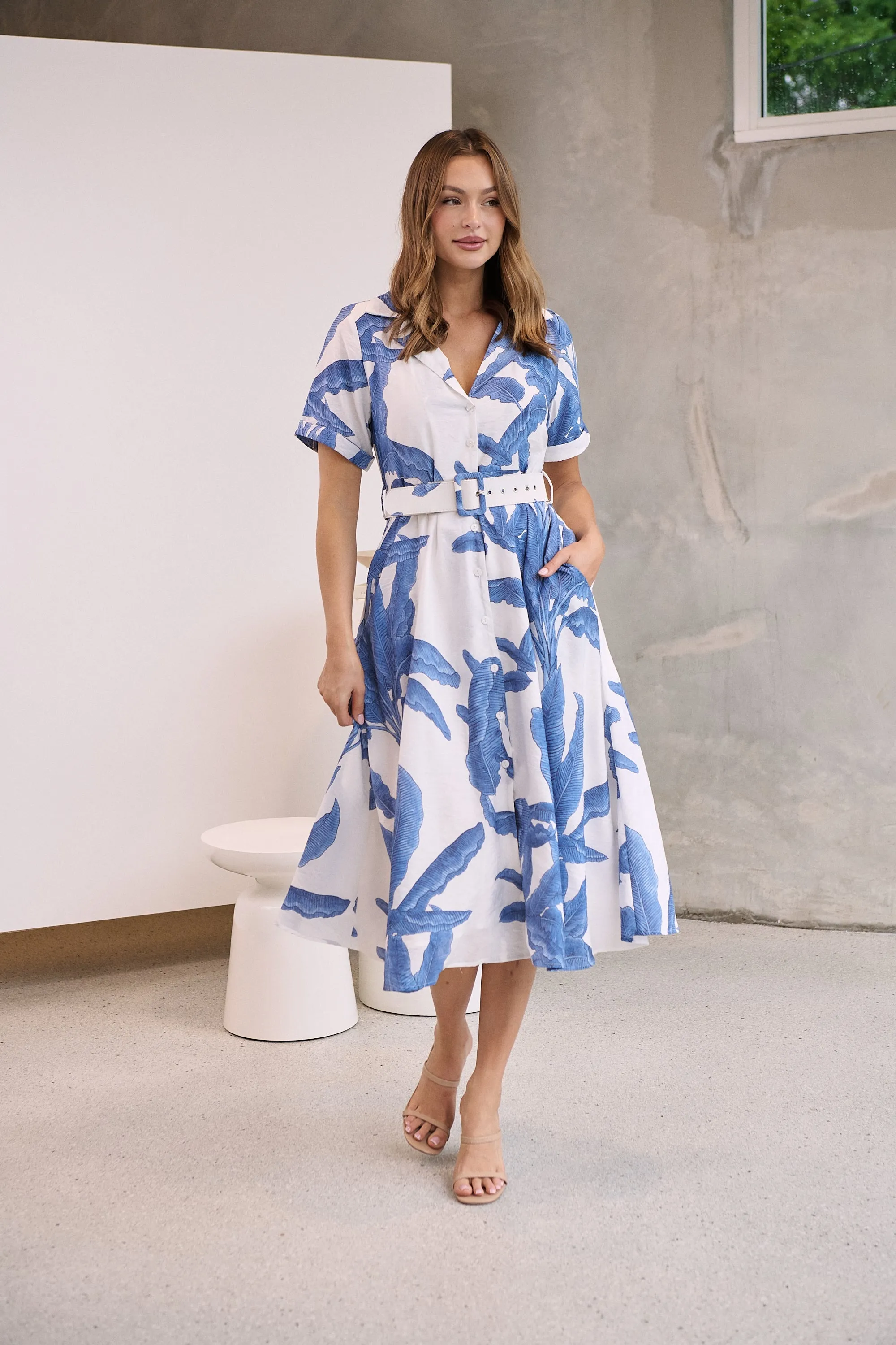 Gianna Leaf Blue/White Palm Print Button Front Belted Midi Dress