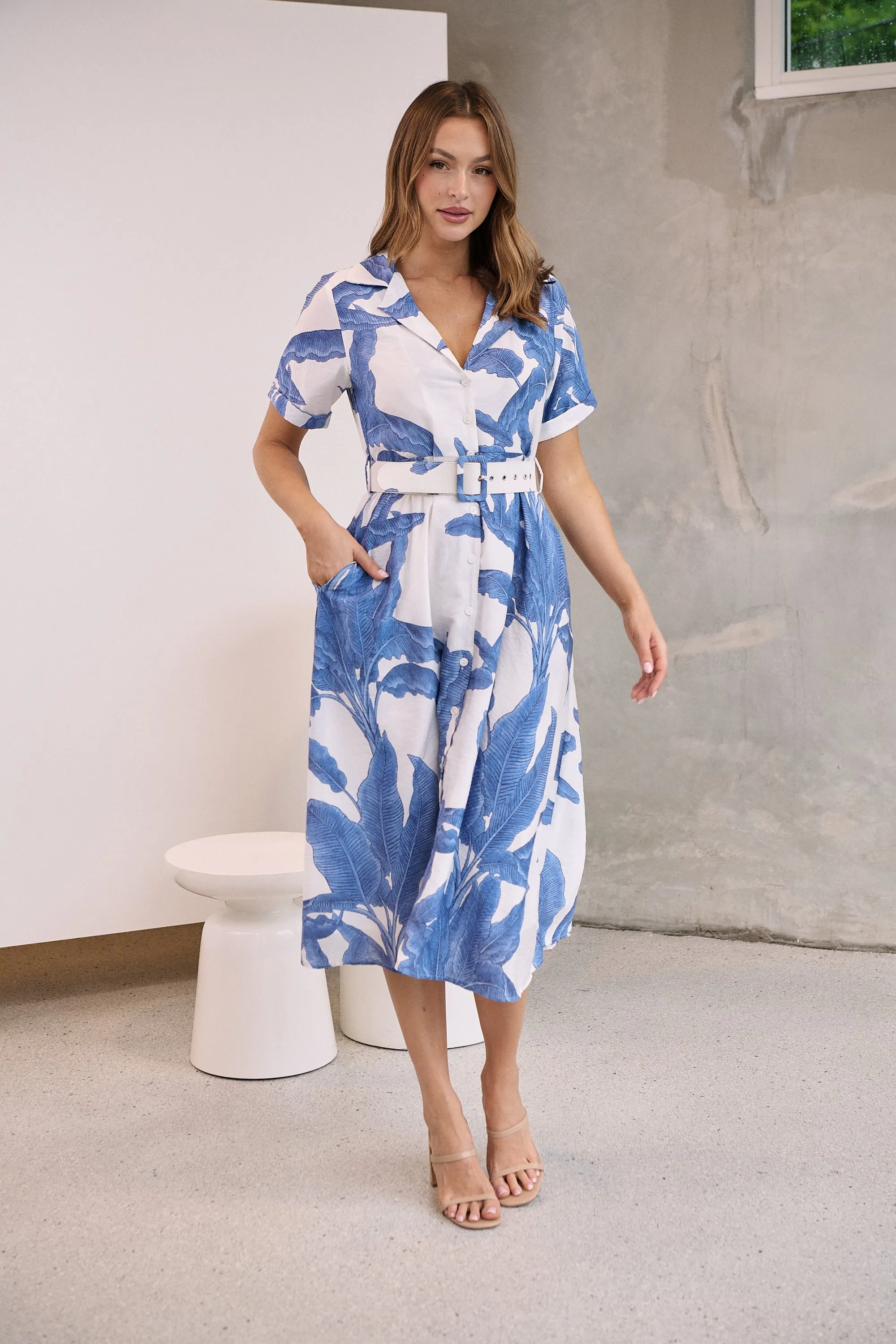 Gianna Leaf Blue/White Palm Print Button Front Belted Midi Dress