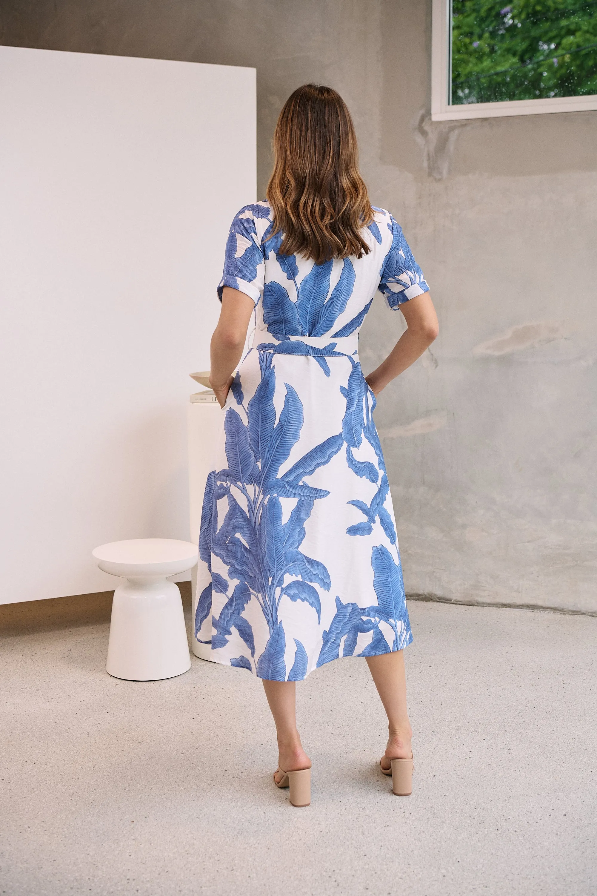 Gianna Leaf Blue/White Palm Print Button Front Belted Midi Dress