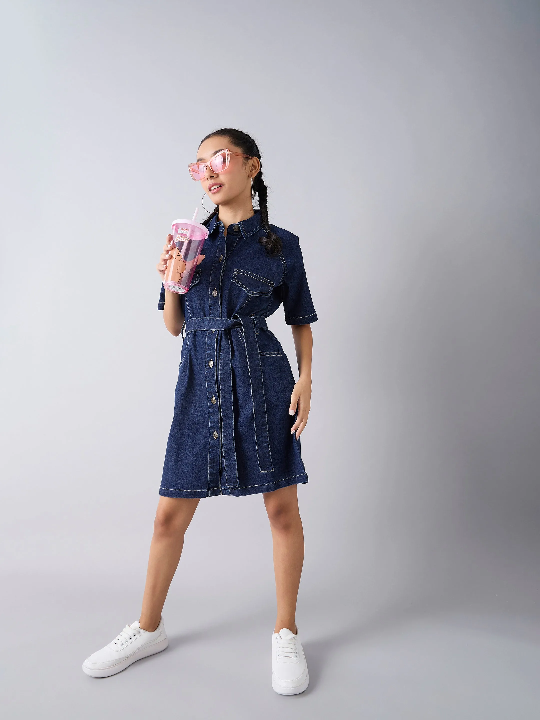 Girls Blue Acid Wash Denim Shirt Dress