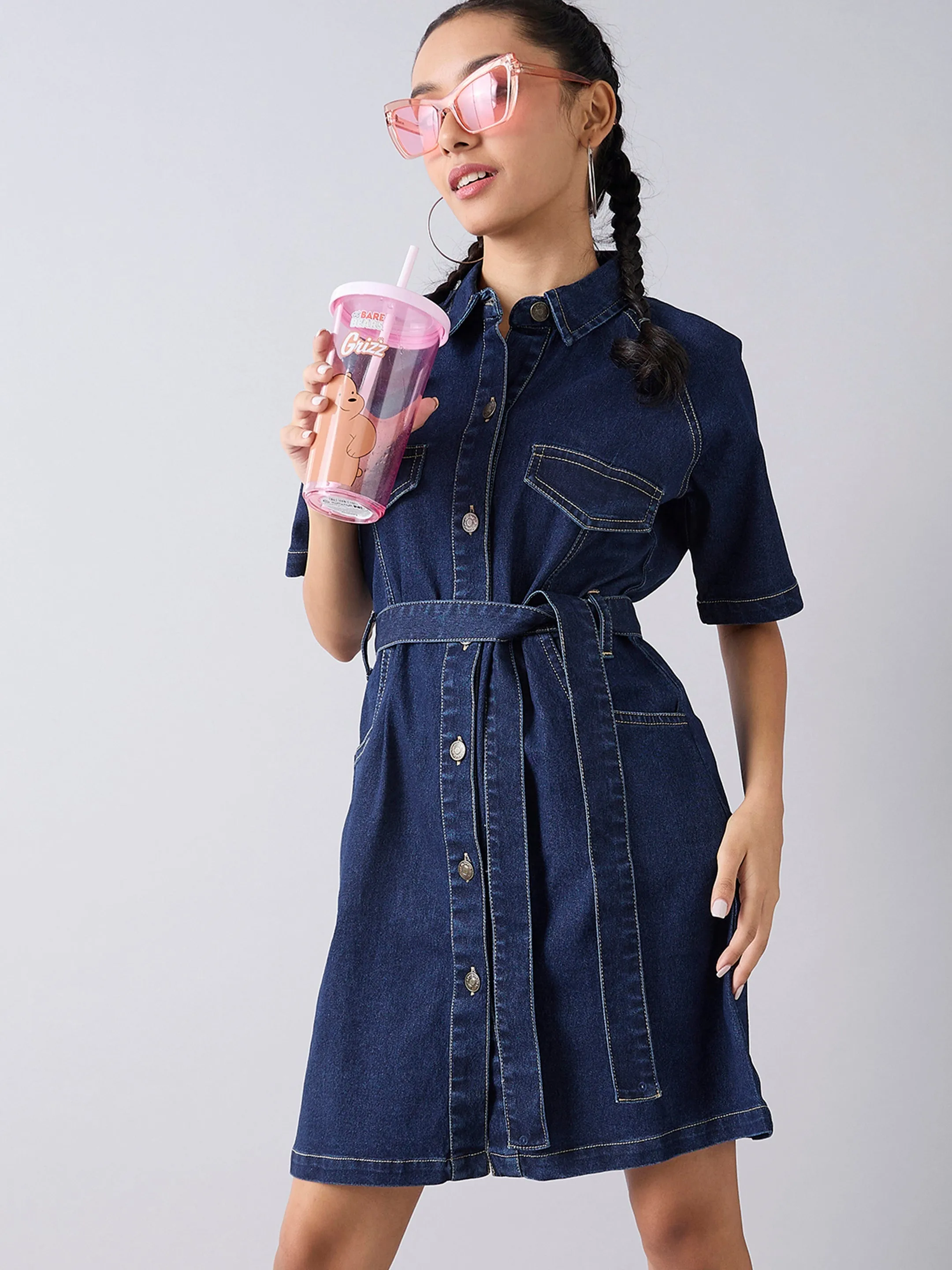 Girls Blue Acid Wash Denim Shirt Dress