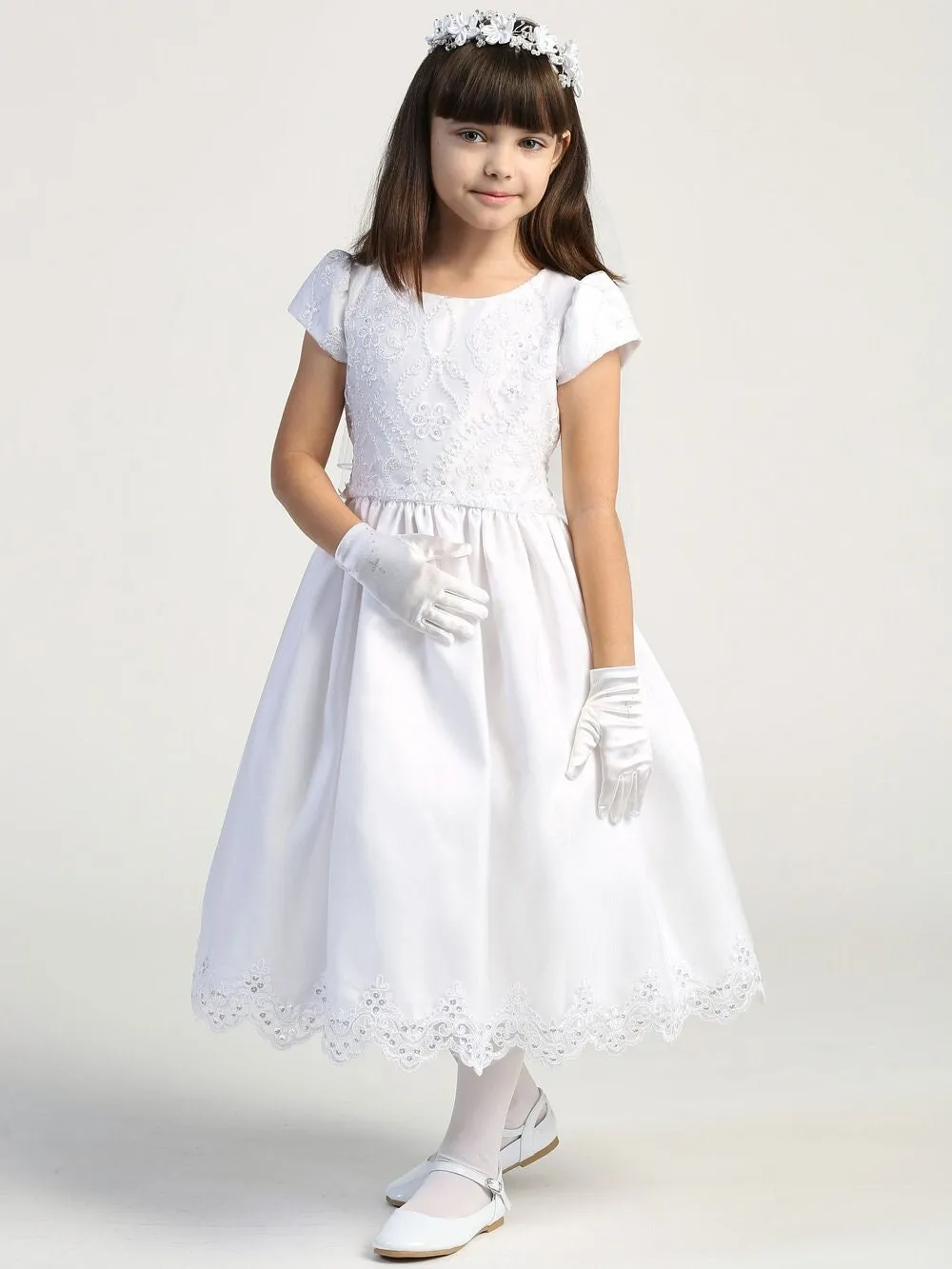 Girls White First Communion Dress w/ Embroidered Lace Sequins (167)