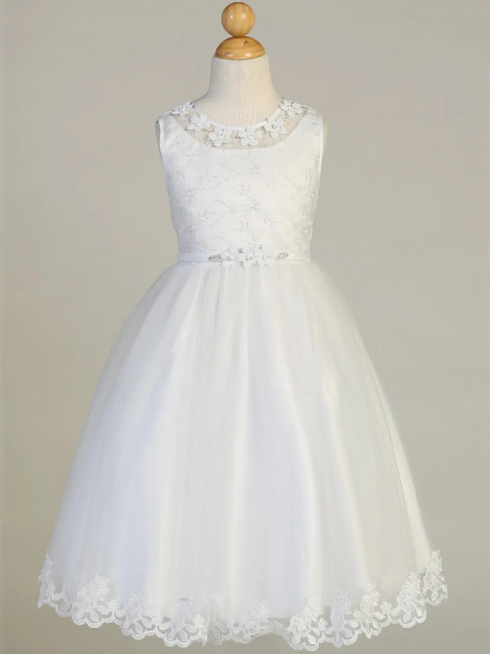 Girls White First Communion Dress w/ Embroidered Tulle (646)