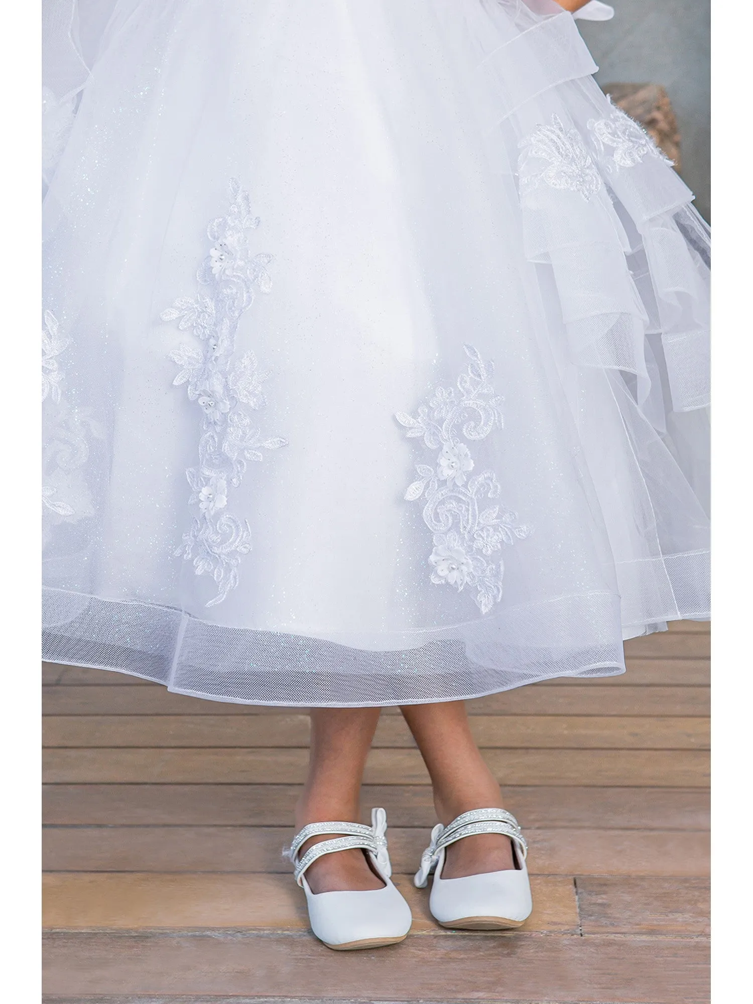 Girls White Satin 3D Flower Lace Adorned T-Length Communion Dress 6-16