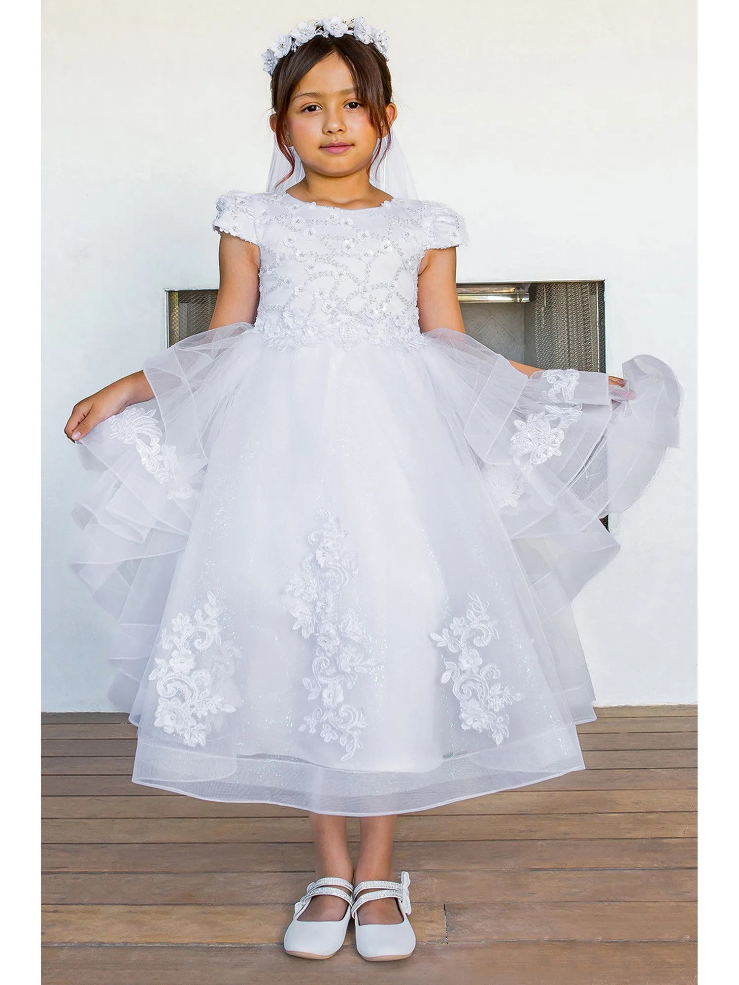 Girls White Satin 3D Flower Lace Adorned T-Length Communion Dress 6-16