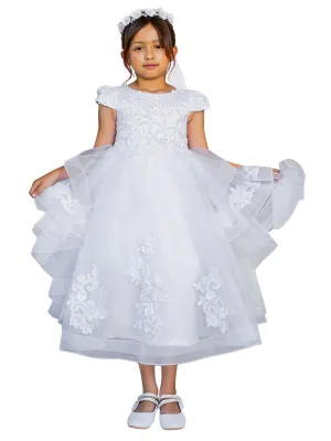 Girls White Satin 3D Flower Lace Adorned T-Length Communion Dress 6-16