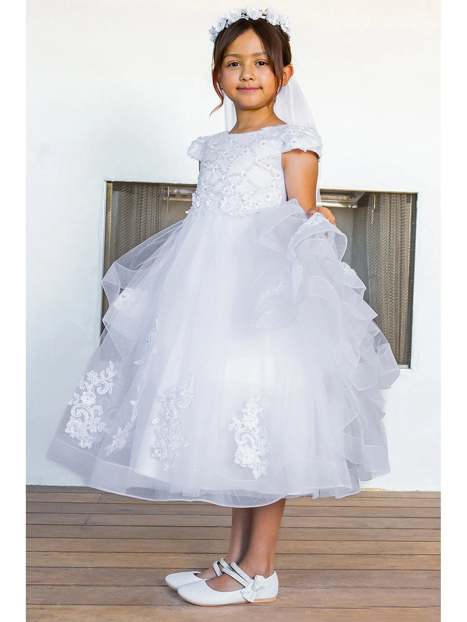 Girls White Satin 3D Flower Lace Adorned T-Length Communion Dress 6-16