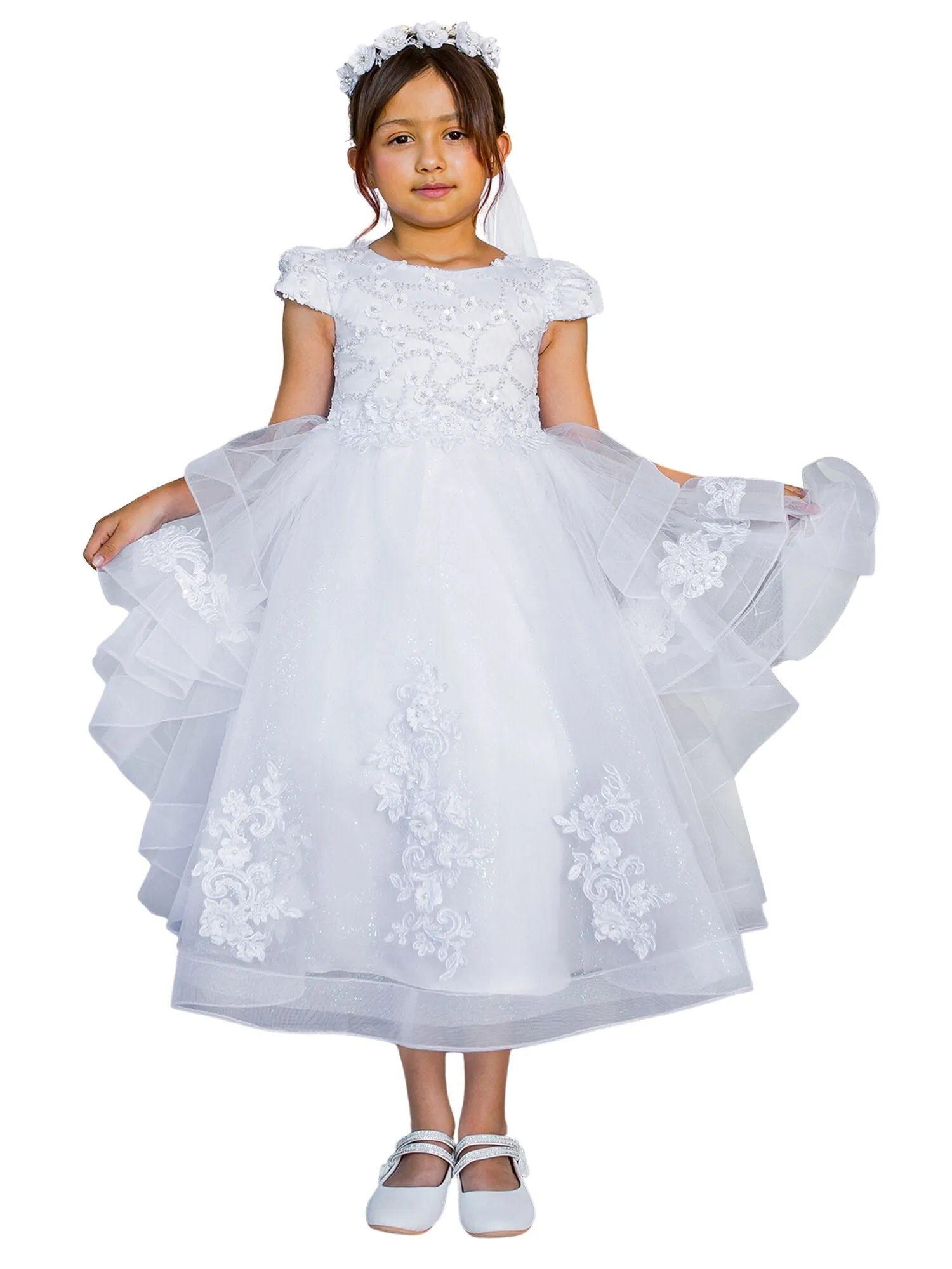 Girls White Satin 3D Flower Lace Adorned T-Length Communion Dress 6-16