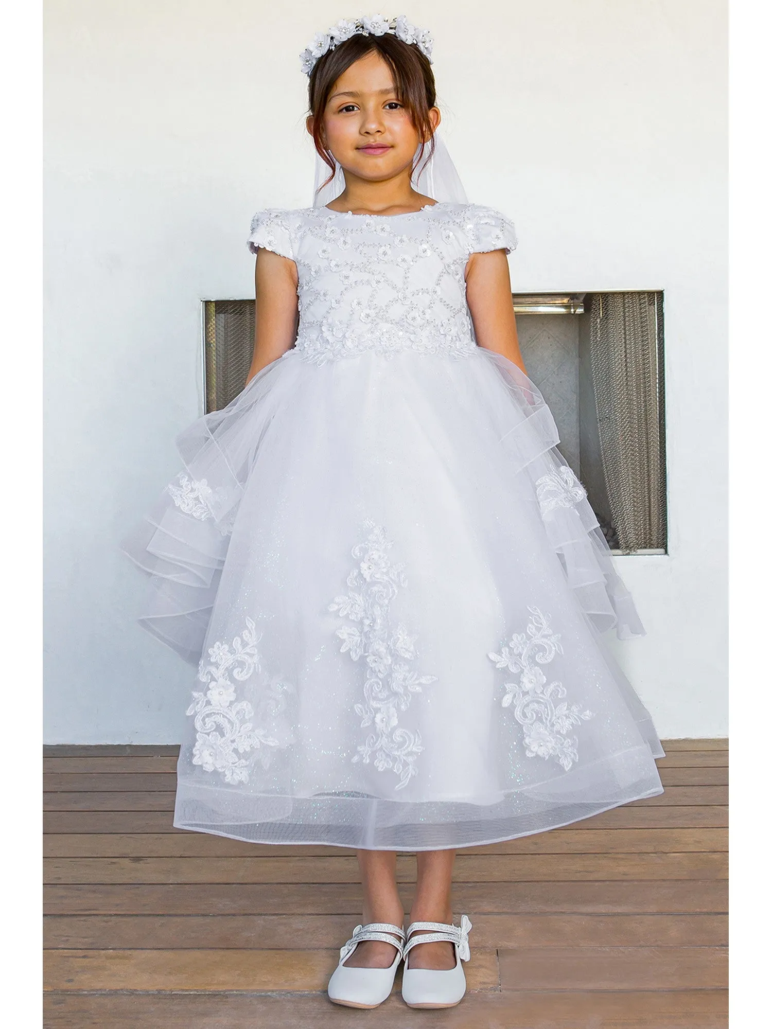 Girls White Satin 3D Flower Lace Adorned T-Length Communion Dress 6-16