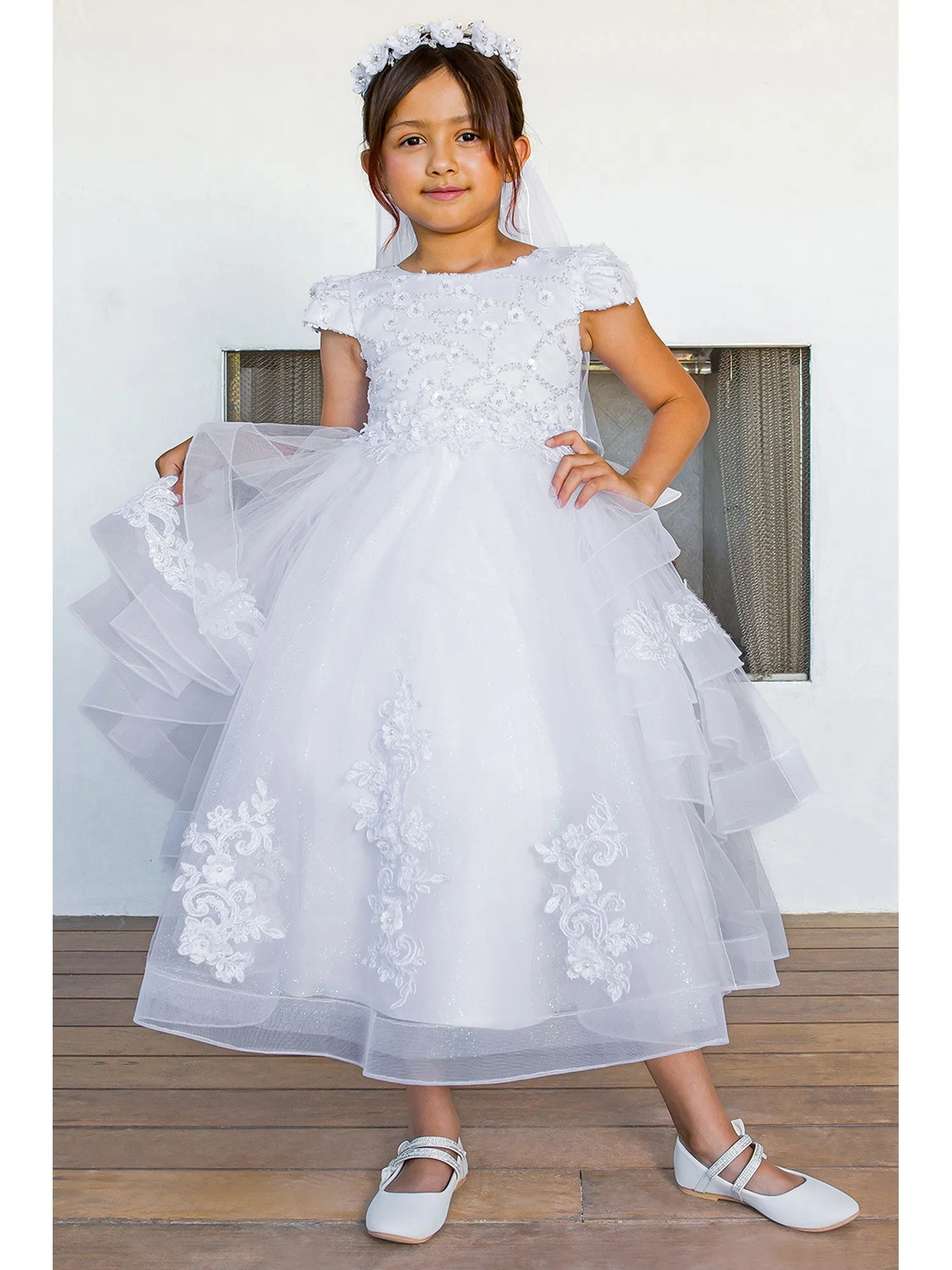 Girls White Satin 3D Flower Lace Adorned T-Length Communion Dress 6-16