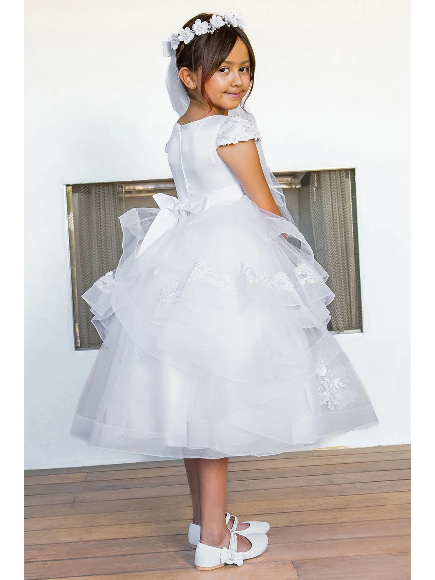 Girls White Satin 3D Flower Lace Adorned T-Length Communion Dress 6-16