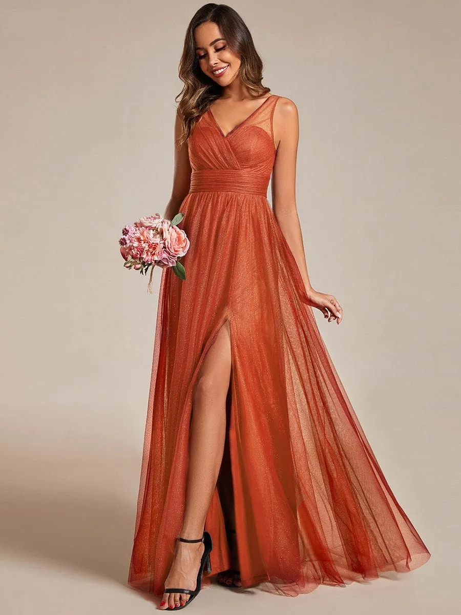 Glittering High Slit Sleeveless Bridesmaid Dress with Empire Waist