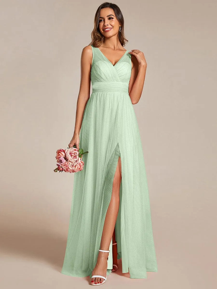 Glittering High Slit Sleeveless Bridesmaid Dress with Empire Waist