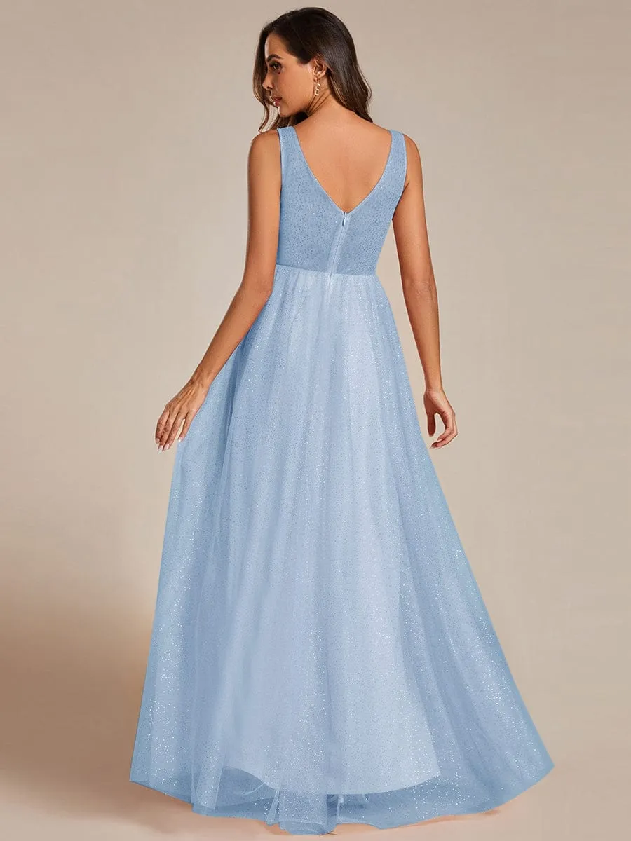 Glittering High Slit Sleeveless Bridesmaid Dress with Empire Waist