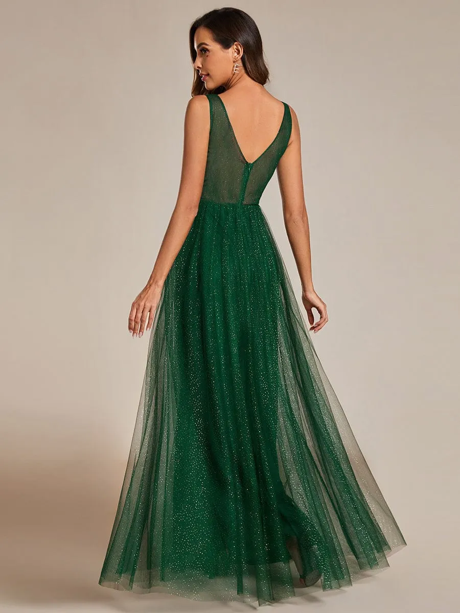 Glittering High Slit Sleeveless Bridesmaid Dress with Empire Waist