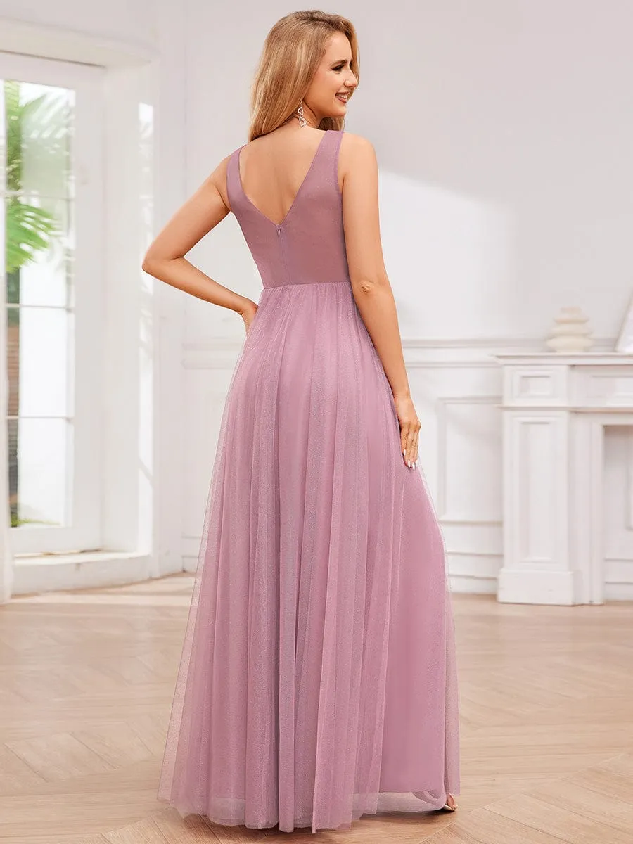 Glittering High Slit Sleeveless Bridesmaid Dress with Empire Waist