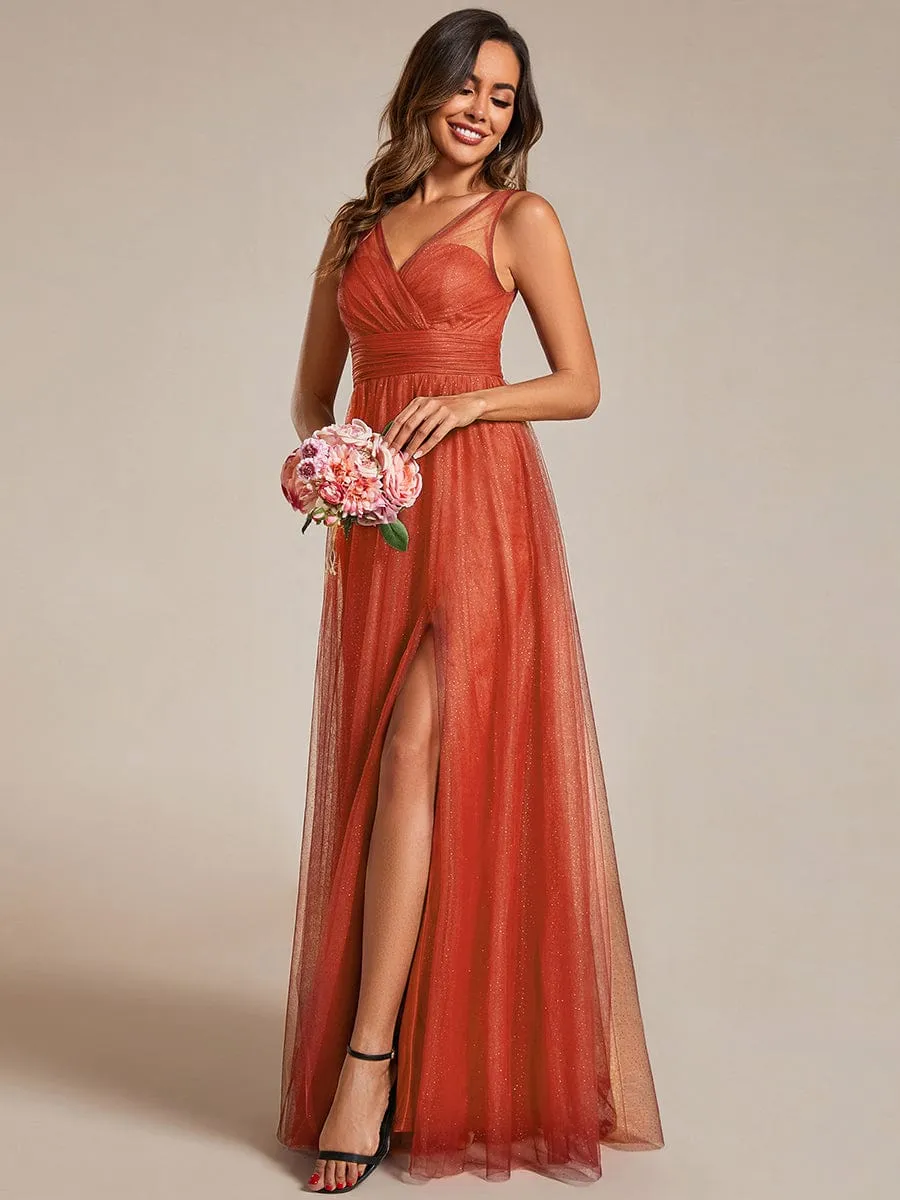 Glittering High Slit Sleeveless Bridesmaid Dress with Empire Waist