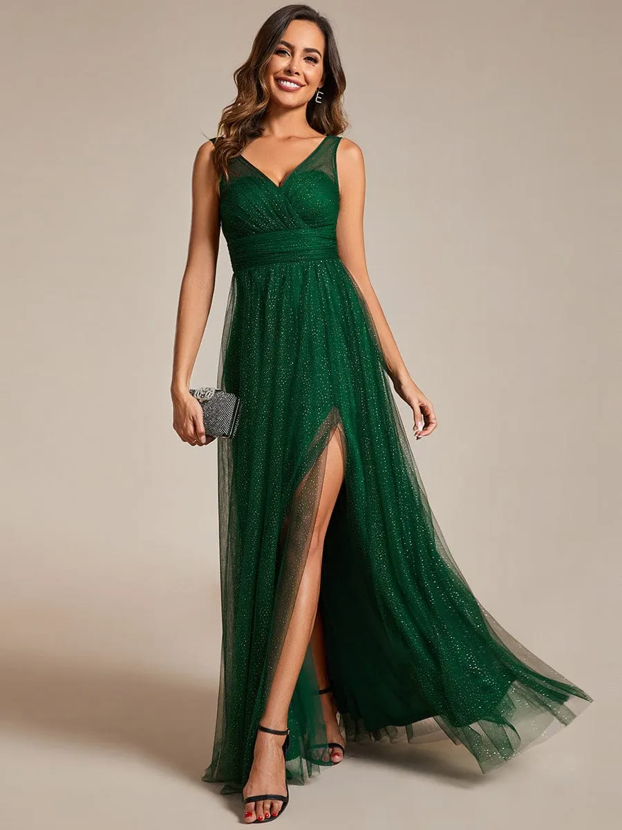 Glittering High Slit Sleeveless Bridesmaid Dress with Empire Waist