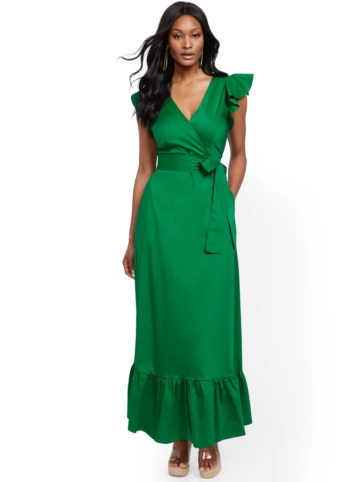 Green Ruffle-Sleeve Poplin Maxi Dress