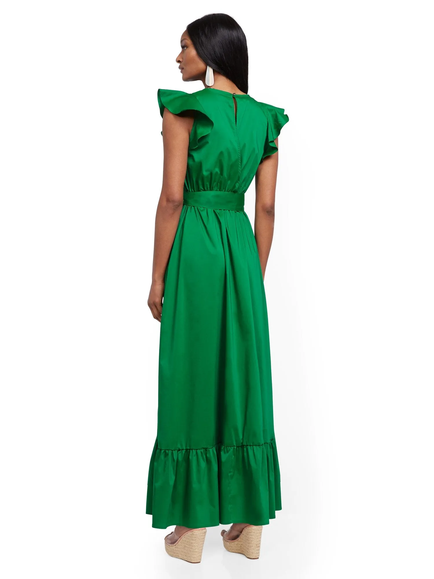 Green Ruffle-Sleeve Poplin Maxi Dress