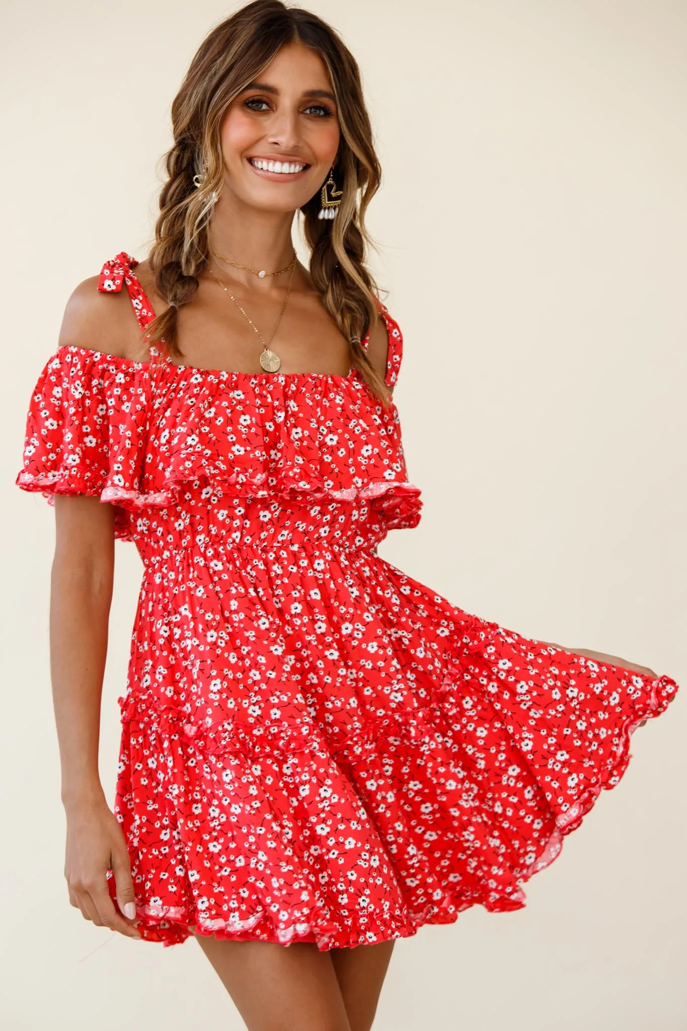 Hacienda Bardot Neckline Frill Dress Floral Print Red