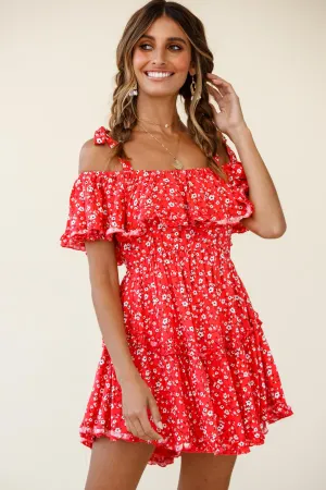 Hacienda Bardot Neckline Frill Dress Floral Print Red