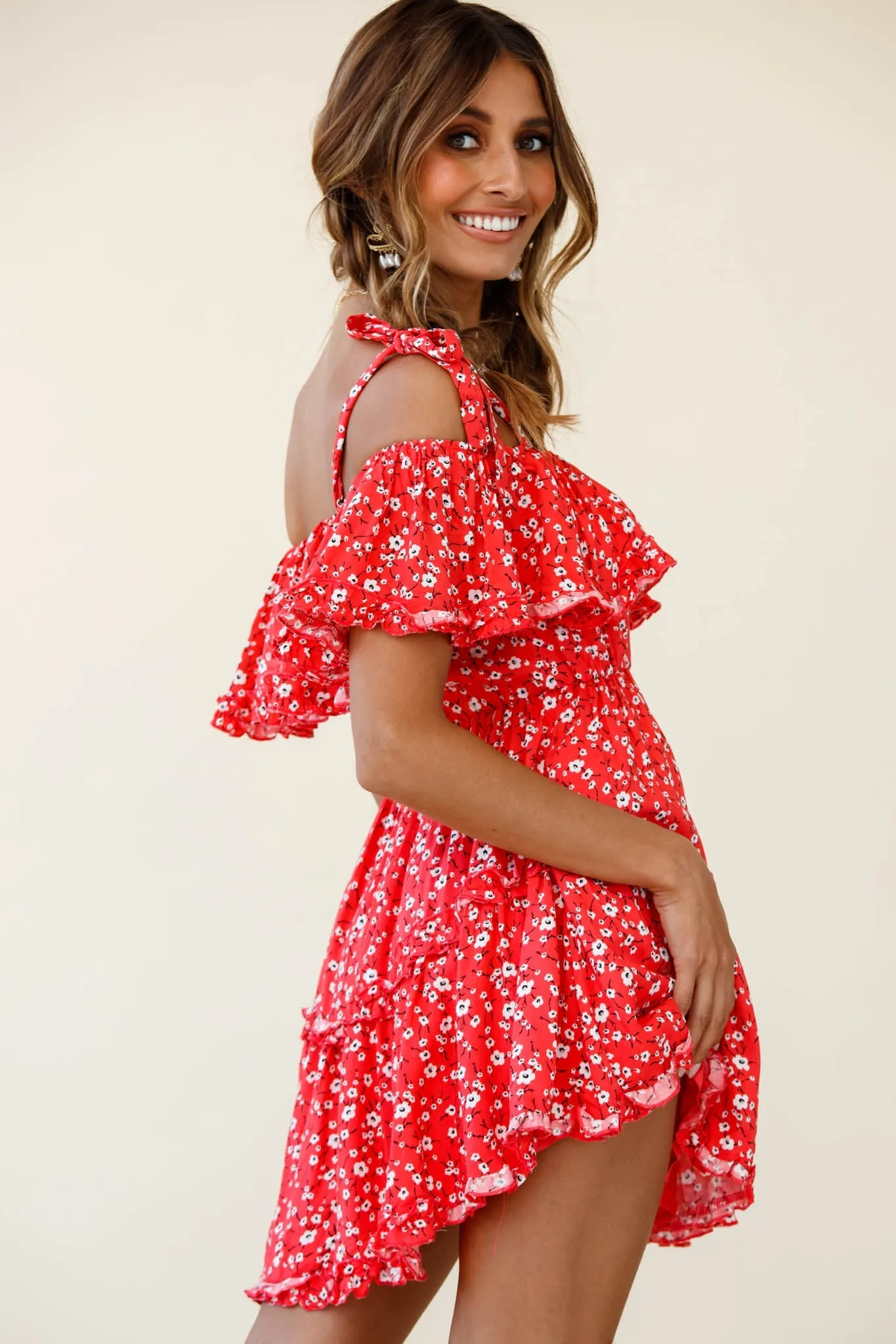 Hacienda Bardot Neckline Frill Dress Floral Print Red