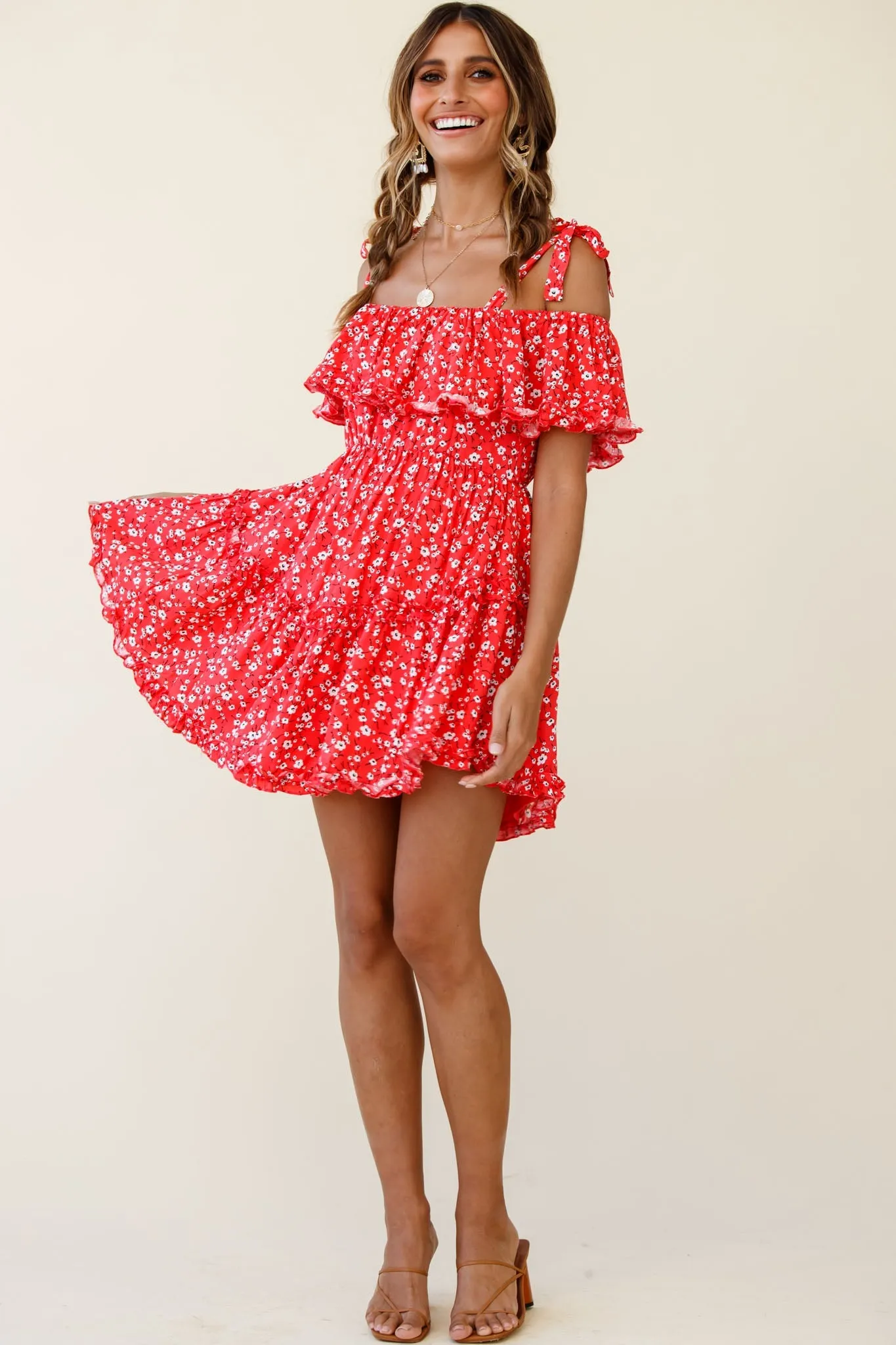 Hacienda Bardot Neckline Frill Dress Floral Print Red