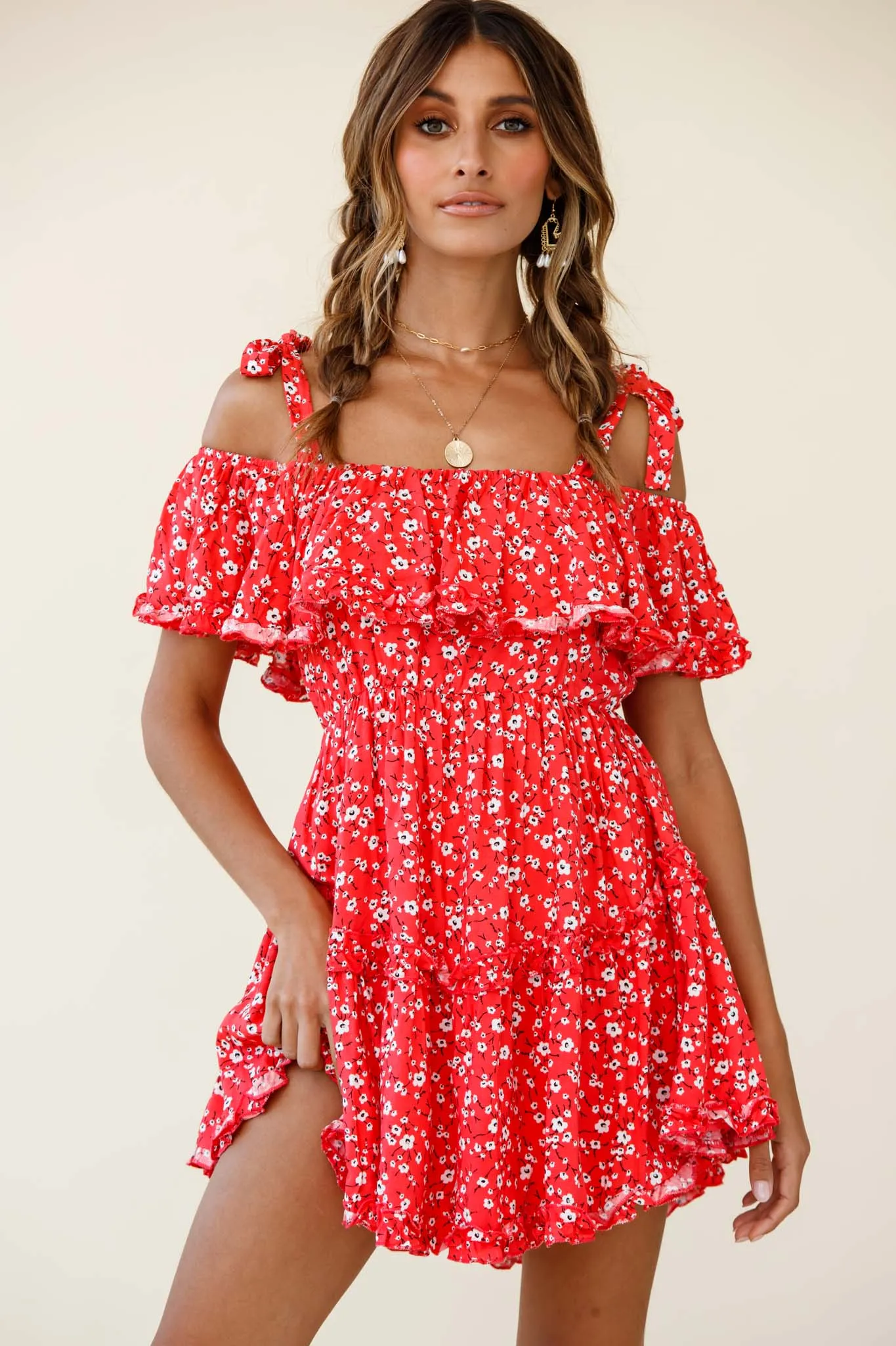 Hacienda Bardot Neckline Frill Dress Floral Print Red