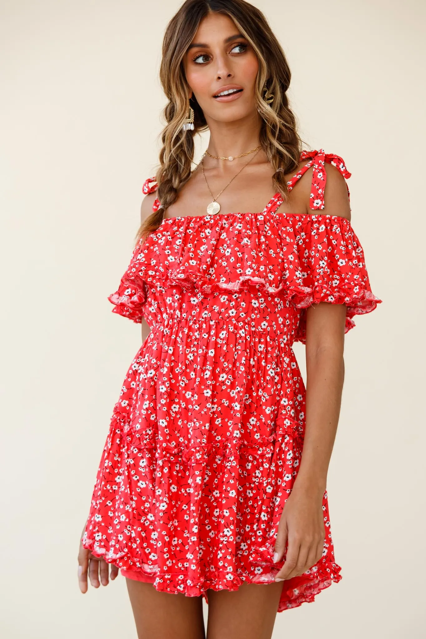 Hacienda Bardot Neckline Frill Dress Floral Print Red