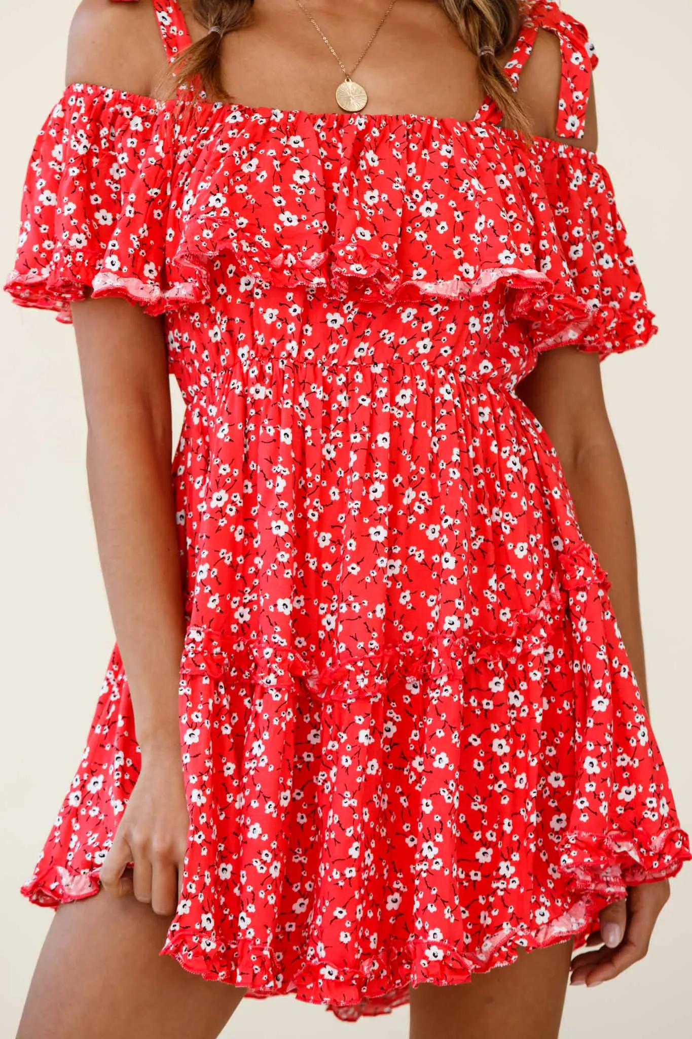 Hacienda Bardot Neckline Frill Dress Floral Print Red