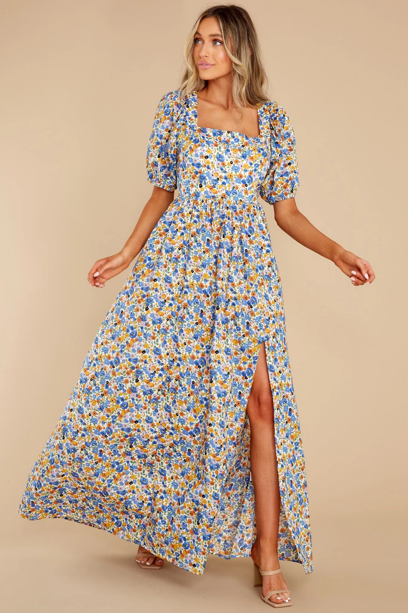 Have A Field Day Blue Floral Print Cotton Maxi Dress