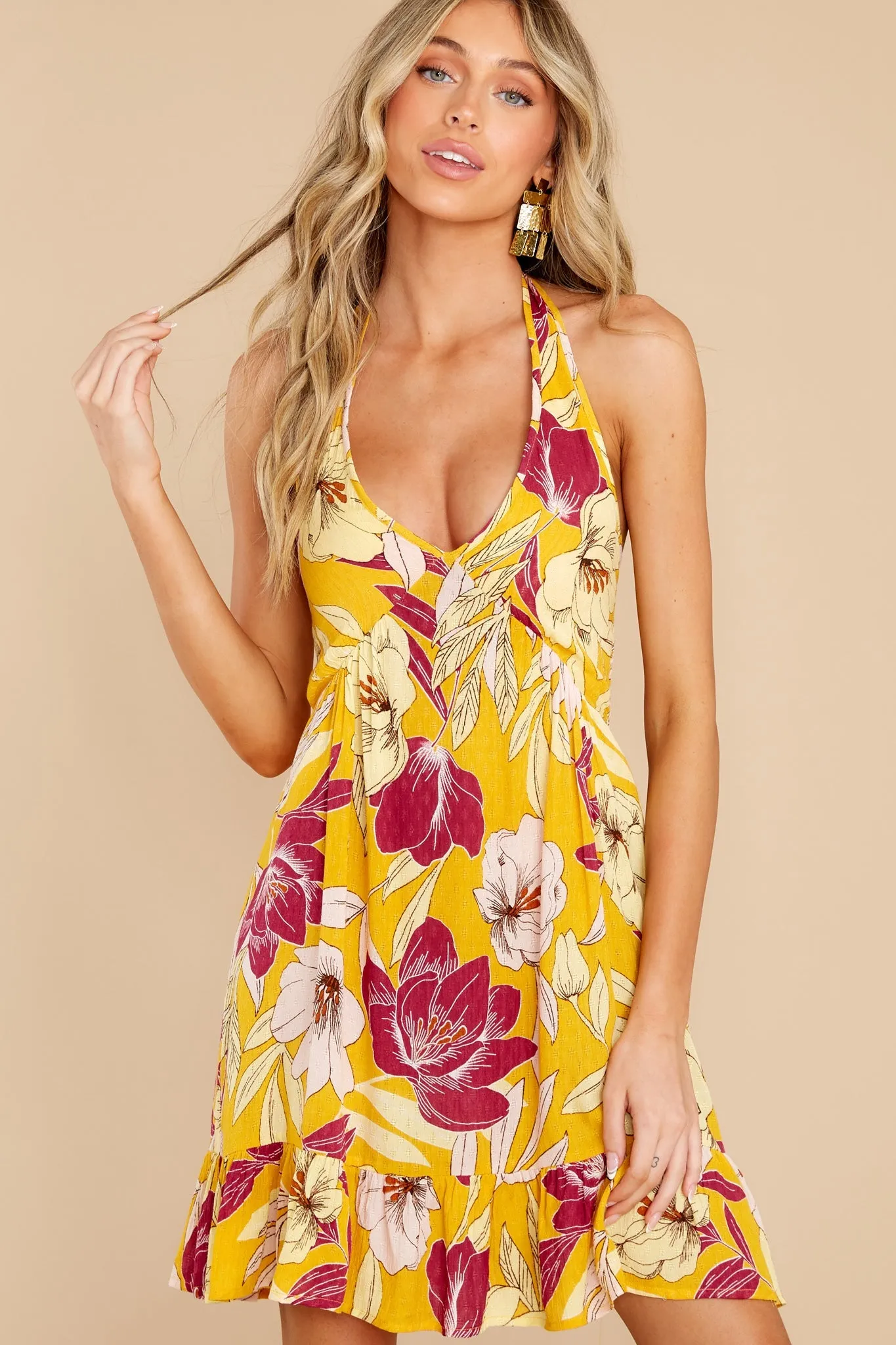 Heartlight Gold Floral Halter Mini Dress