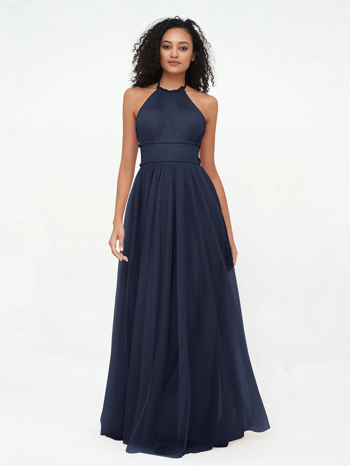 Illusion Halter Tulle Maxi Boho Dresses-Dark Navy