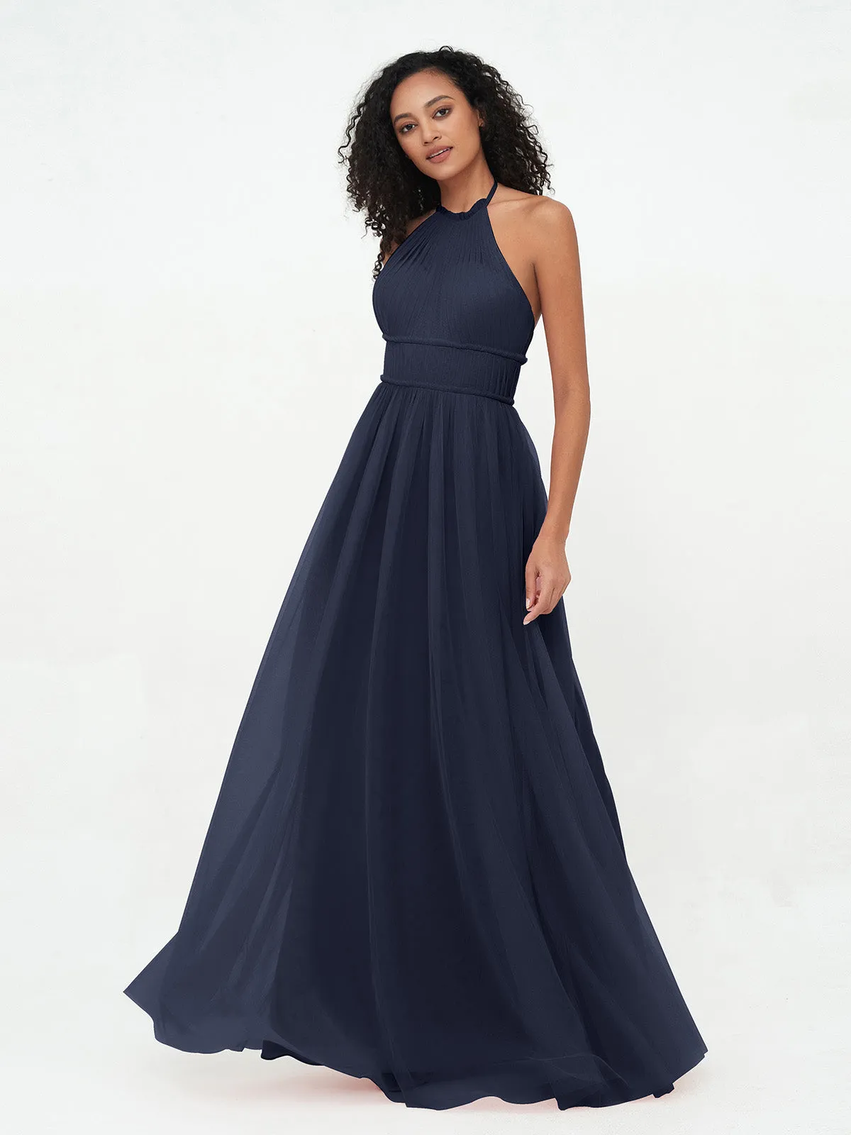 Illusion Halter Tulle Maxi Boho Dresses-Dark Navy