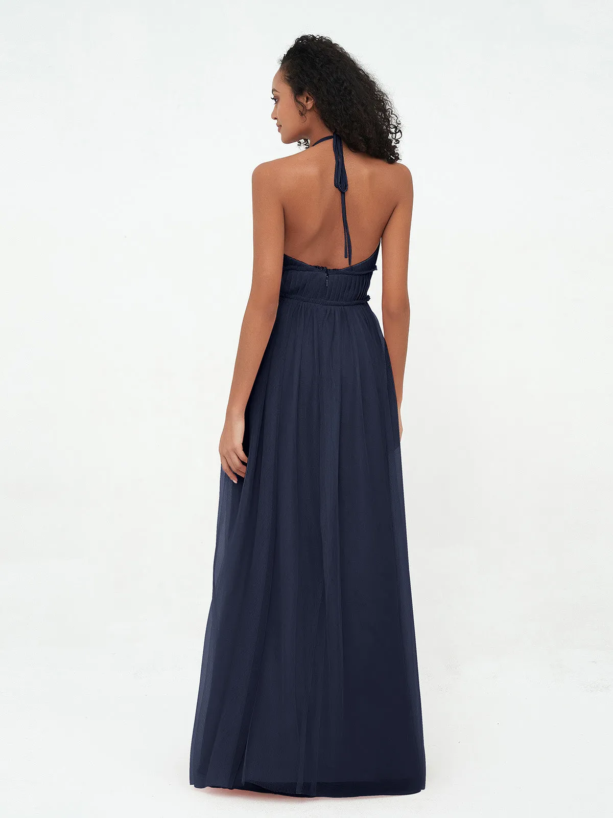 Illusion Halter Tulle Maxi Boho Dresses-Dark Navy