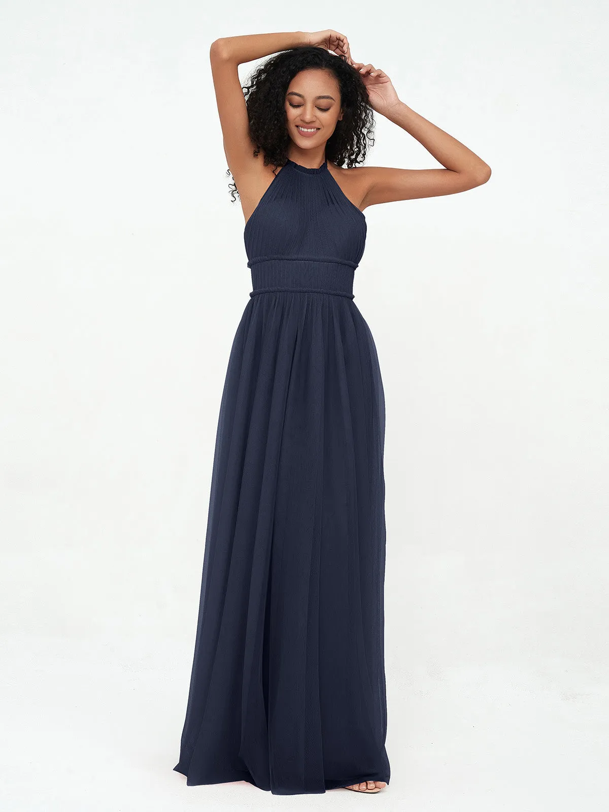 Illusion Halter Tulle Maxi Boho Dresses-Dark Navy