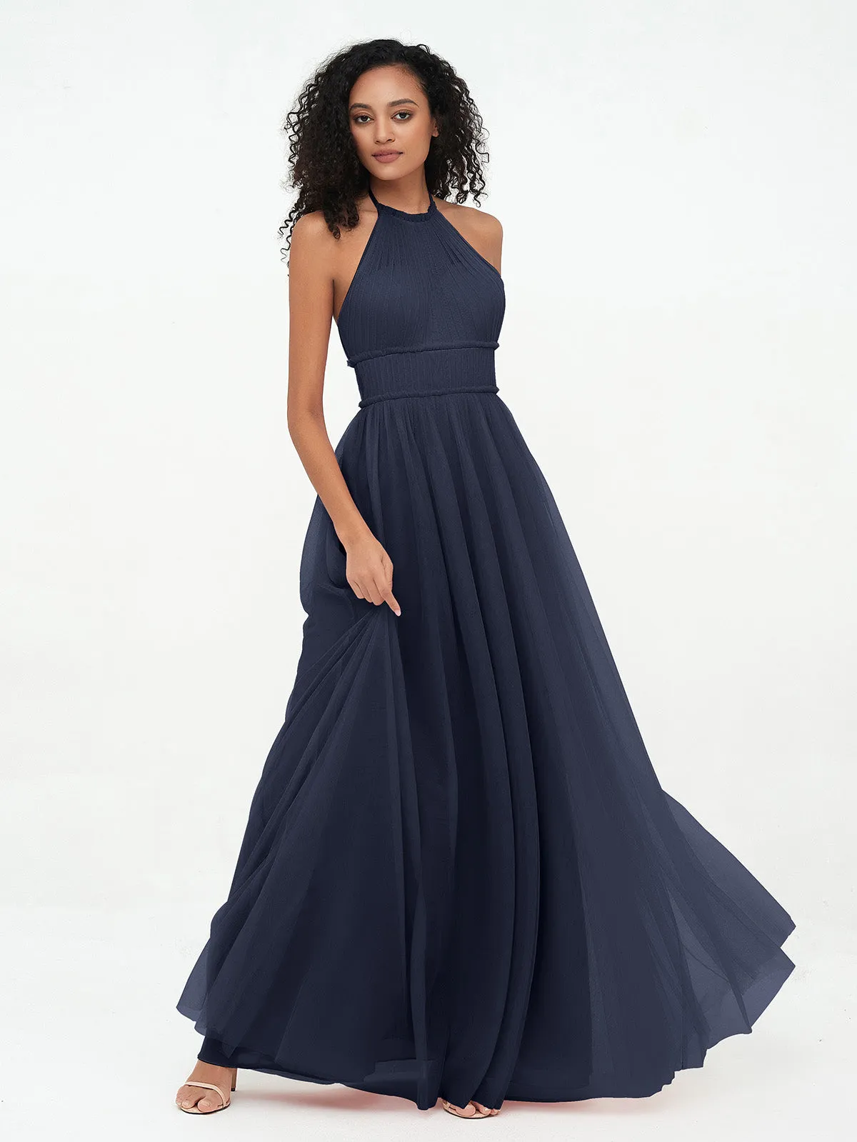 Illusion Halter Tulle Maxi Boho Dresses-Dark Navy