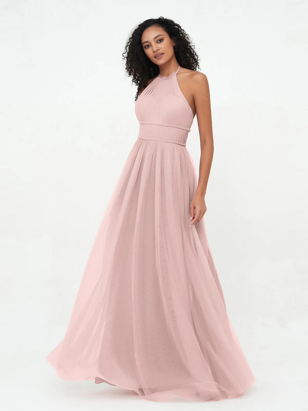 Illusion Halter Tulle Maxi Boho Dresses-Dusty Rose Plus Size