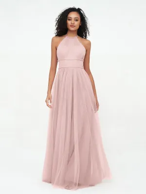 Illusion Halter Tulle Maxi Boho Dresses-Dusty Rose Plus Size