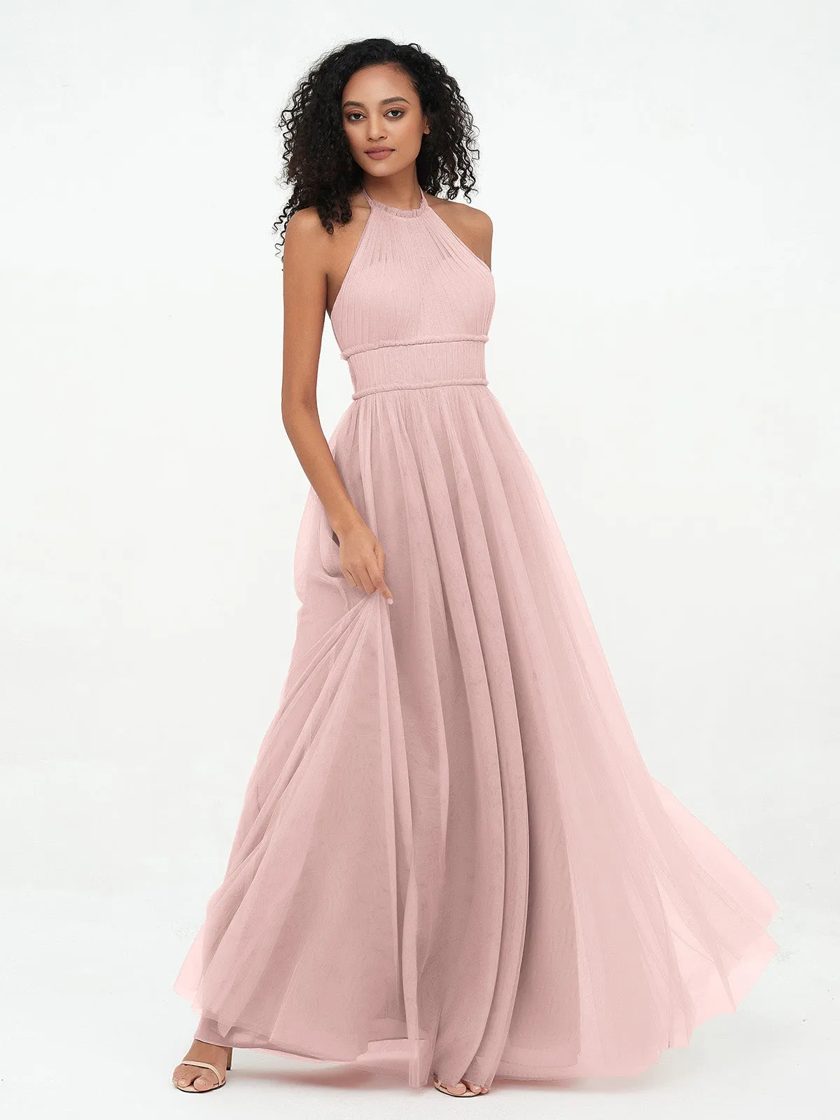 Illusion Halter Tulle Maxi Boho Dresses-Dusty Rose Plus Size