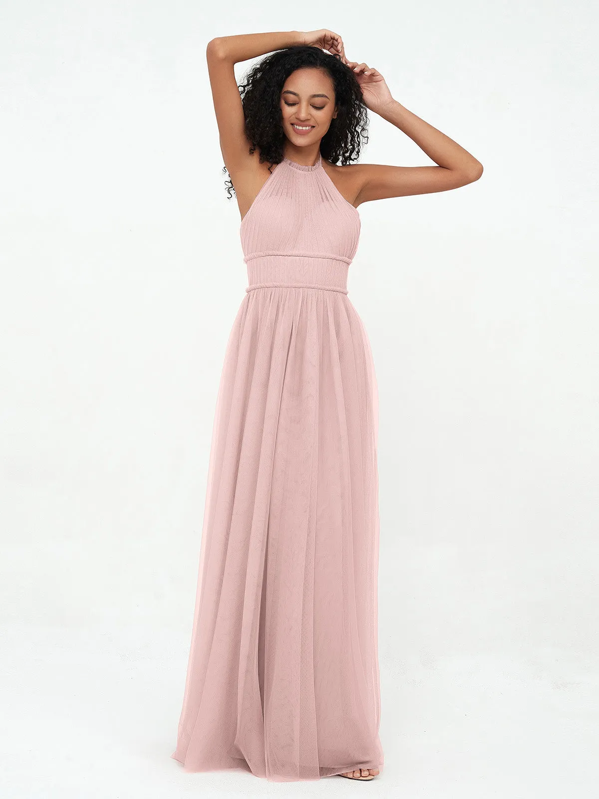 Illusion Halter Tulle Maxi Boho Dresses-Dusty Rose Plus Size