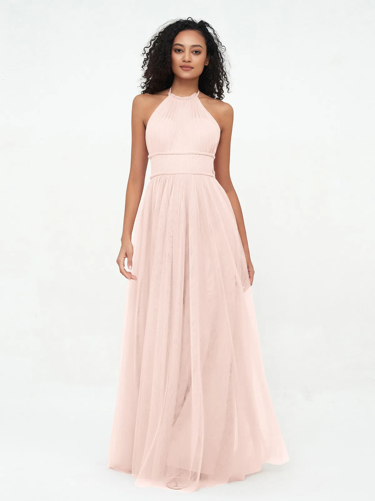 Illusion Halter Tulle Maxi Boho Dresses-Dusty Rose Plus Size