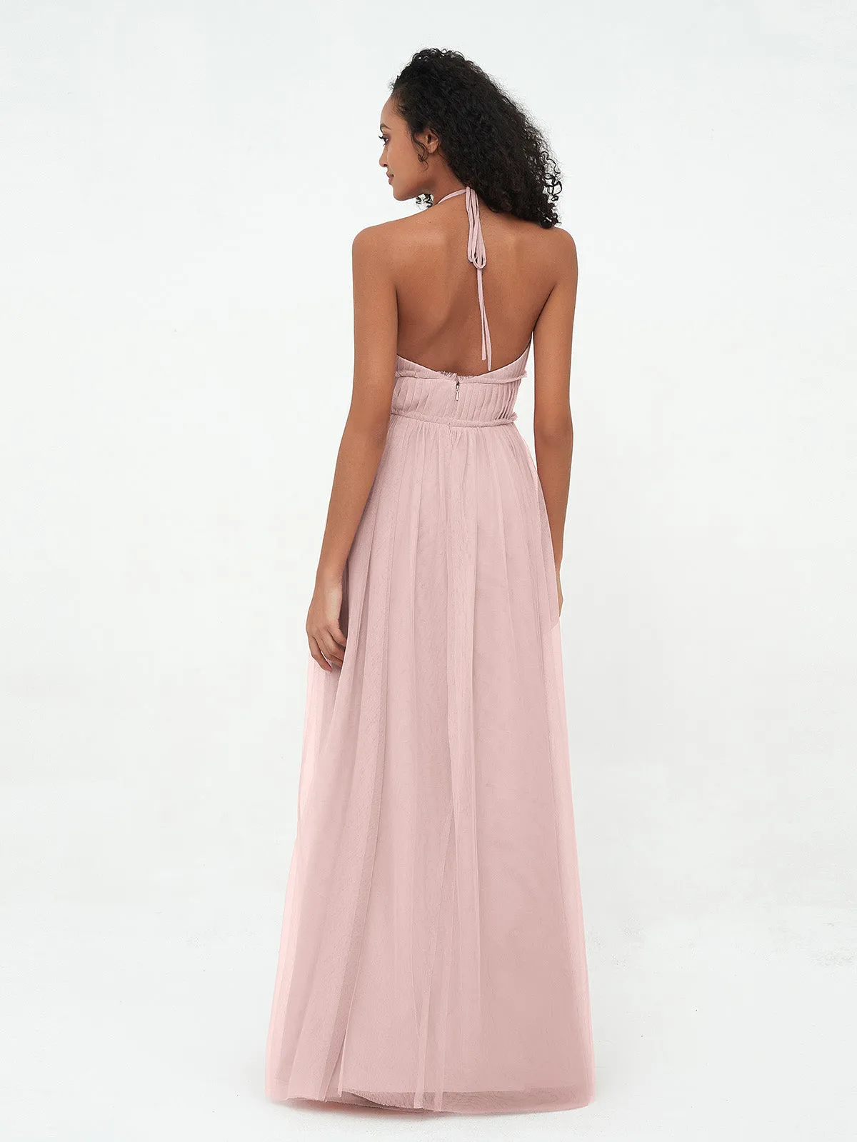 Illusion Halter Tulle Maxi Boho Dresses-Dusty Rose Plus Size