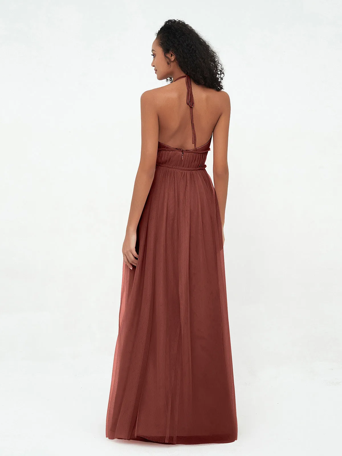 Illusion Halter Tulle Maxi Boho Dresses-Terracotta