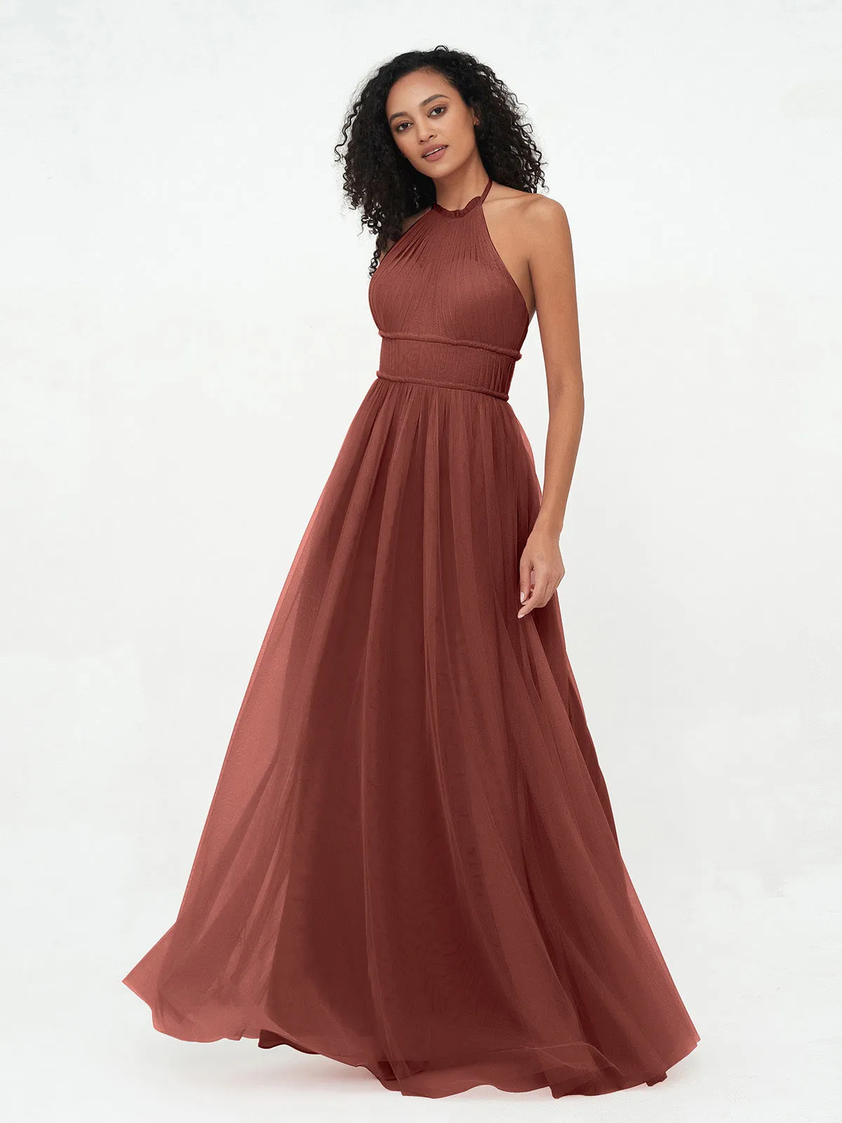 Illusion Halter Tulle Maxi Boho Dresses-Terracotta