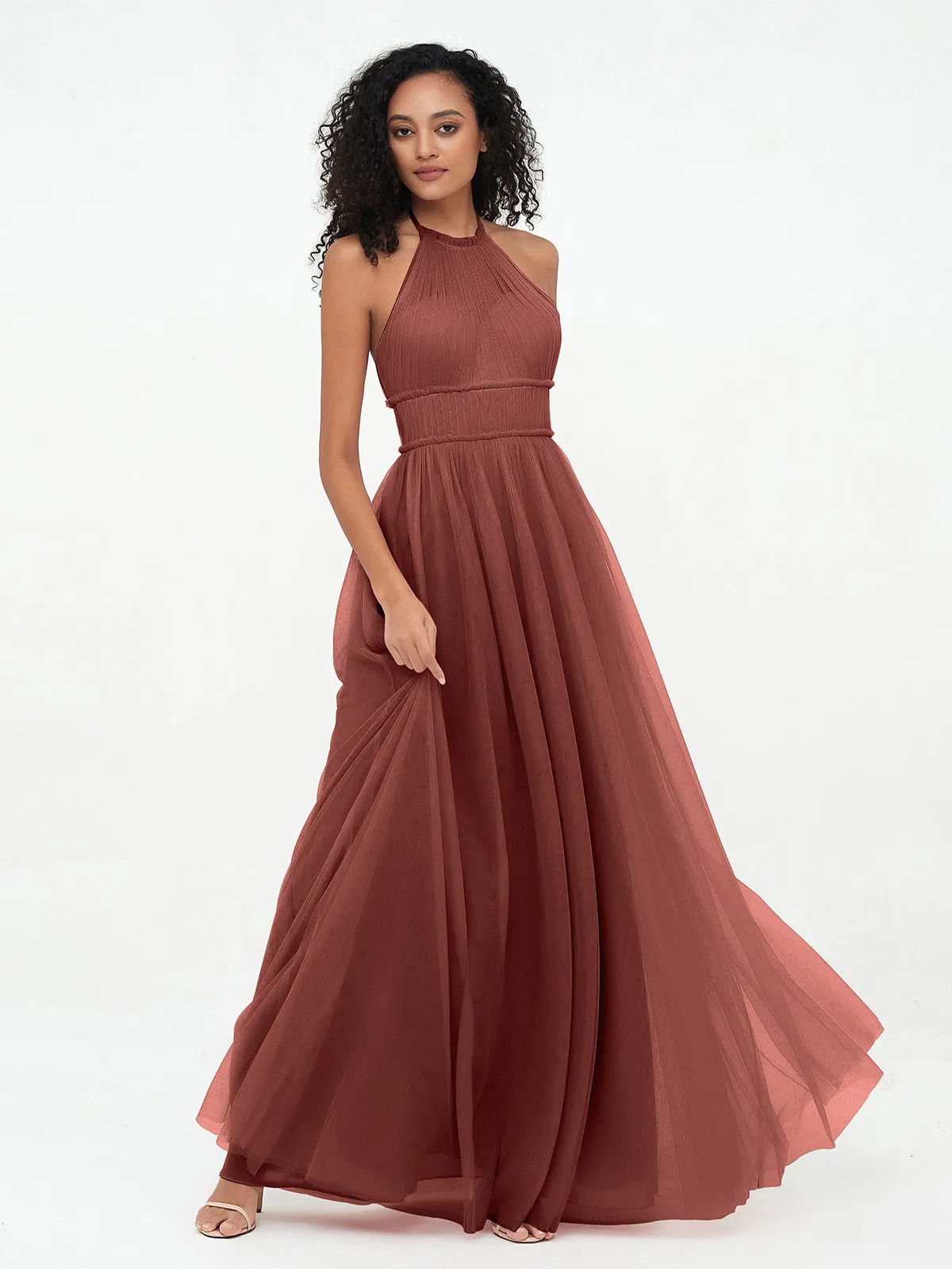 Illusion Halter Tulle Maxi Boho Dresses-Terracotta