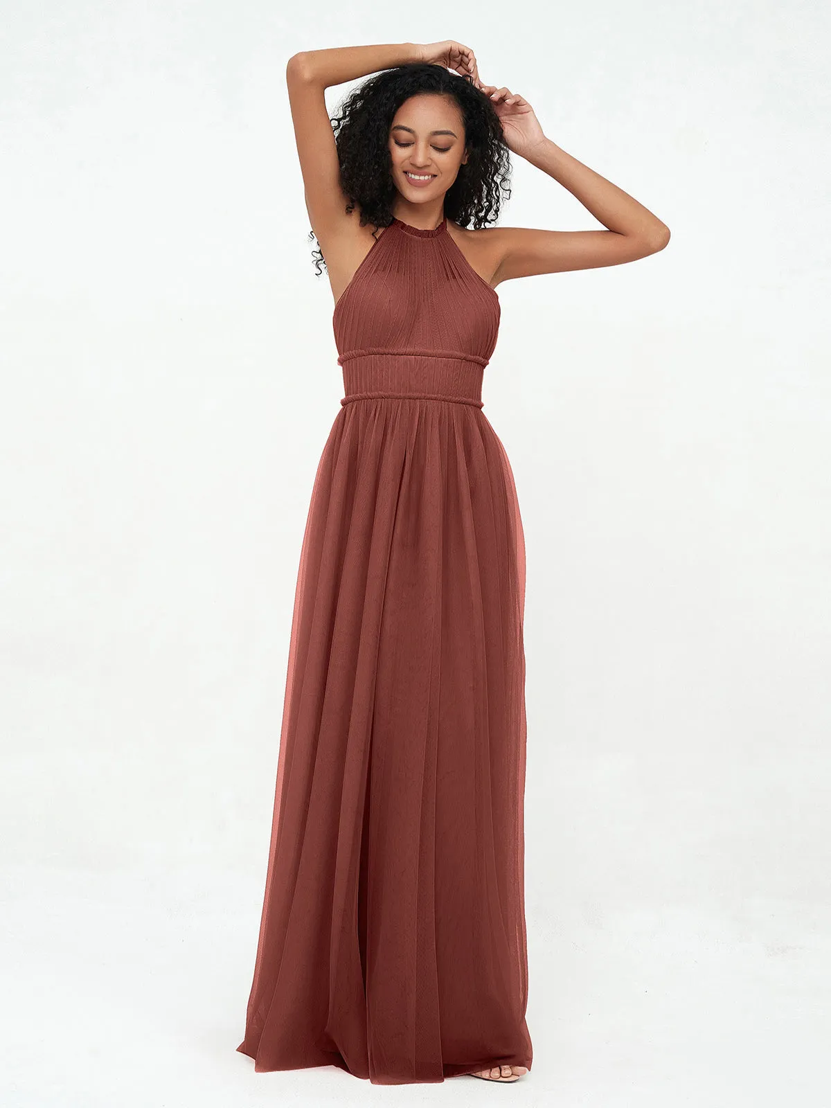 Illusion Halter Tulle Maxi Boho Dresses-Terracotta